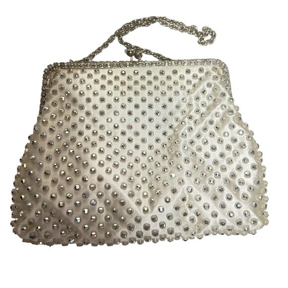 West Germany White Satin Rhinestone Beaded Purse With Change Purse Kiss Lock VTG - Picture 5 of 16